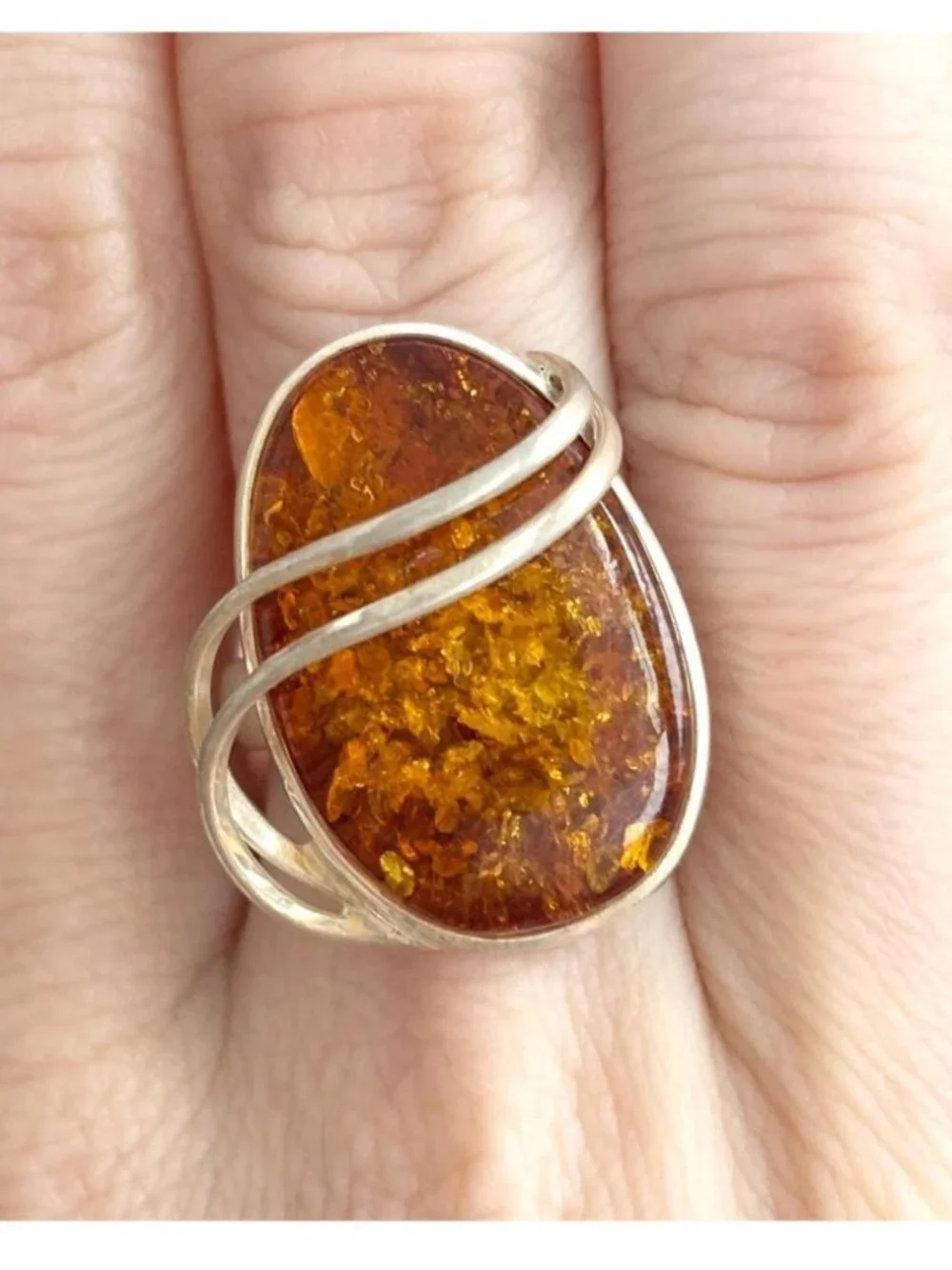 Modernist Genuine Baltic Amber Stone Sterling Silver 925 Vintage Ring - sz 7.5